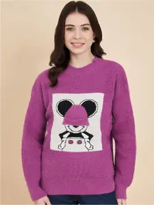 BROOWL Women Purple Humour and Comic Printed Woollen Pullover