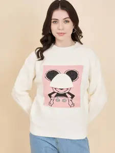 BROOWL Women White Humour and Comic Printed Woollen Pullover