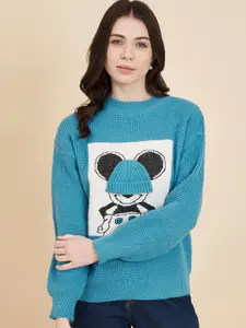 BROOWL Women Teal Humour and Comic Printed Woollen Pullover