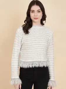 BROOWL Women White Striped Woollen Pullover