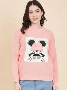 BROOWL Women Pink Humour and Comic Printed Woollen Pullover