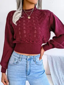 StyleCast Maroon Cable Knit High Neck Open Knit Pullover