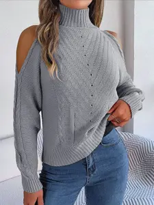 StyleCast Grey Cable Knit Self Design Acrylic Pullover