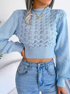 StyleCast Blue Cable Knit Self Design Crop Acrylic Pullover