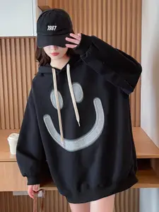 StyleCast Black Graphic Printed Hooded Drop-Shoulder Sleeves Cotton Longline Sweatshirt