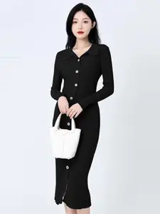 StyleCast Black Shirt Collar Long Sleeves Bodycon Midi Dress
