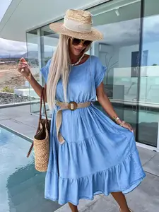 StyleCast Blue Extended Sleeves Layered Fit & Flare Midi Dress