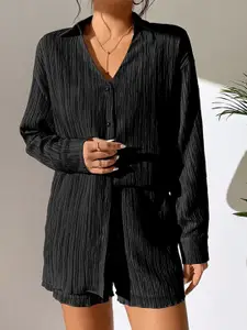 StyleCast Black Self Design Shirt and Shorts Set