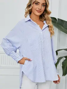 StyleCast Blue Vertical Stripes Spread Collar Long Sleeves Casual Shirt