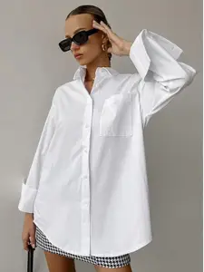 StyleCast White Oversized Long Sleeves Flannel Weave Longline Casual Shirt