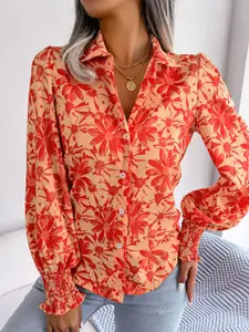 StyleCast Orange Floral Printed Spread Collar Long Sleeves Casual Shirt