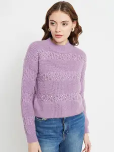 Madame Cable Knit Round Neck Long Sleeves Embellished Pullover Sweater