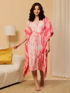 Urban Sundari Pink Tie & Dye V-Neck Pure Cotton Kaftan Nightdress