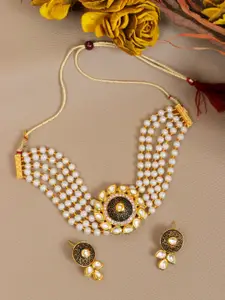 Crunchy Fashion Gold Plated & Pearl Beaded Chocker Necklace & Earrings