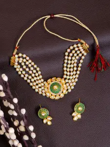 Crunchy Fashion Gold Plated Stones Studded Pearls Beaded Choker Necklace With Earrings