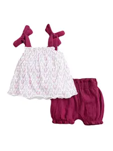 StyleCast Infants Girls Fuchsia Printed Pure Cotton Top With Shorts