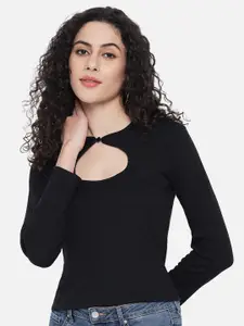 Trend Arrest Keyhole Neck Long Sleeves Cotton Fitted Top