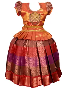 AMIRTHA FASHION Girls Red & Multicoloured Embroidered Thread Work Ready to Wear Lehenga &