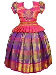 AMIRTHA FASHION Girls Pink & Multicoloured Embroidered Thread Work Ready to Wear Lehenga &