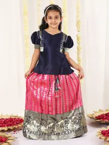 JBN Creation Girls Woven Design Puffed Sleeves Zari Ready to Wear Lehenga & Blouse