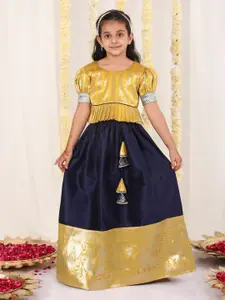 JBN Creation Girls Woven Design Puffed Sleeves Zari Ready to Wear Lehenga & Blouse