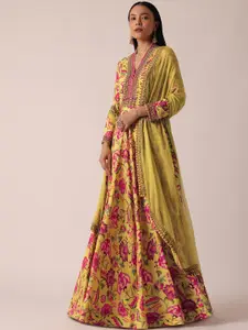 KALKI Fashion Floral Printed Mirror Work Silk Fit and Flare Maxi Ethnic Dress With Dupatta