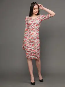Selvia Floral Printed Sweetheart Neck Puff Sleeve Gathered Ruched Sheath Dress