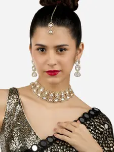 Zaveri Pearls Gold-Plated American Diamond-Studded Necklace And Earrings With Maang Tika