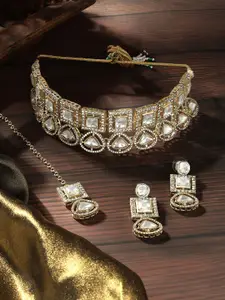 Zaveri Pearls Gold-Plated American Diamond-Studded Necklace And Earrings With Maang Tika