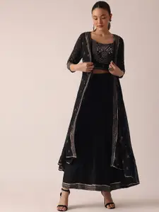 KALKI Fashion Black Floral Print Crop Top And Jacket Set