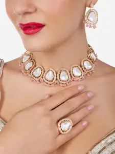 Zaveri Pearls Gold-Plated Stones Studded & Beaded Necklace With Earrings & Finger Ring