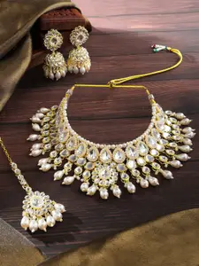 Zaveri Pearls Gold-Plated Kundan Studded Beaded Necklace With Earrings & Maang Tika