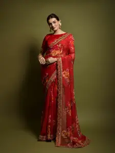 DWINI Red Floral Embroidered Pure Georgette Saree