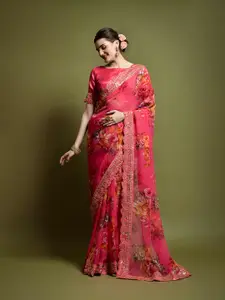 DWINI Pink Floral Embroidered Pure Georgette Saree