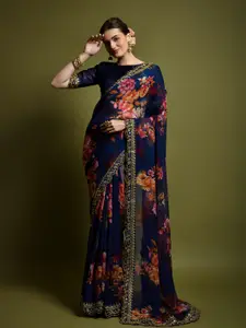 DWINI Navy Blue Floral Embroidered Pure Georgette Saree