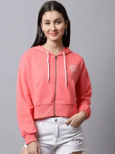 DressBerry Women Coral Printed Hooded Sweatshirt