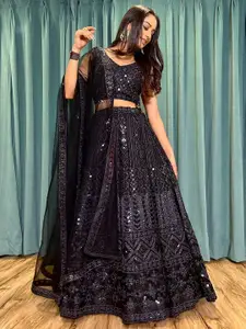 ODETTE Black Embroidered Semi-Stitched Lehenga & Unstitched Blouse With Dupatta