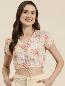 HERE&NOW Floral Print Lace-Up Crop Top