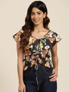 HERE&NOW Floral Print Flutter Sleeves Smocked Drawstring Top