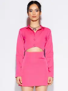 FREAKINS Pink Shirt Collar Long Sleeves Cut-Outs Sheath Mini Dress