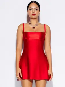FREAKINS Red Shoulder Strap Satin A-Line Dress