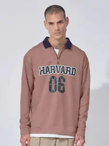 Maniac Alphanumeric Printed Polo Collar Long Sleeves Zip Detail Cotton Pullover Sweatshirt