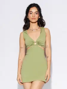 FREAKINS Green Sleeveless Cut-Outs Sheath Mini Dress