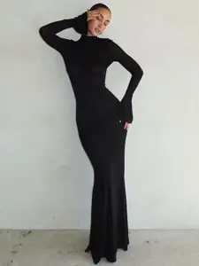 StyleCast Black High Neck Bell Sleeves Maxi Dress