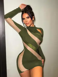StyleCast Green & Beige Colourblocked Cut-Outs Bodycon Dress