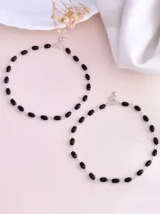 VOJ Set Of 2 Silver Plated Black Beads Anklet