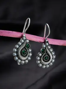 ATIBELLE German Silver Silver-Plated Studded and Beaded Contemporary Drop Earrings