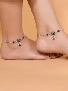 VOJ Set Of 2 Silver Plated Stainless Steel Peacock detail Anklets