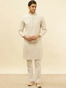 Manyavar Mandarin Collar Thread Work Regular Linen Kurta