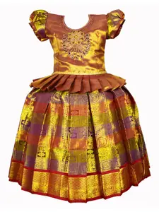 AMIRTHA FASHION Girls Brown & Multicoloured Embroidered Thread Work Ready to Wear Lehenga &